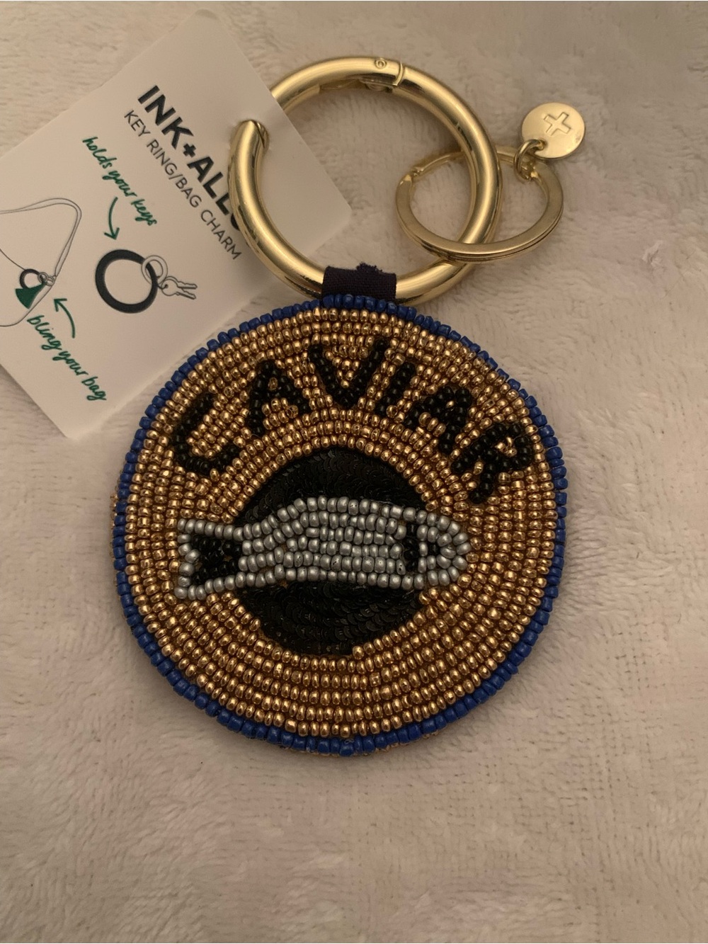Ink+ Alloy Blue Beaded Round Keyring/Bag Charm with Gold Trim